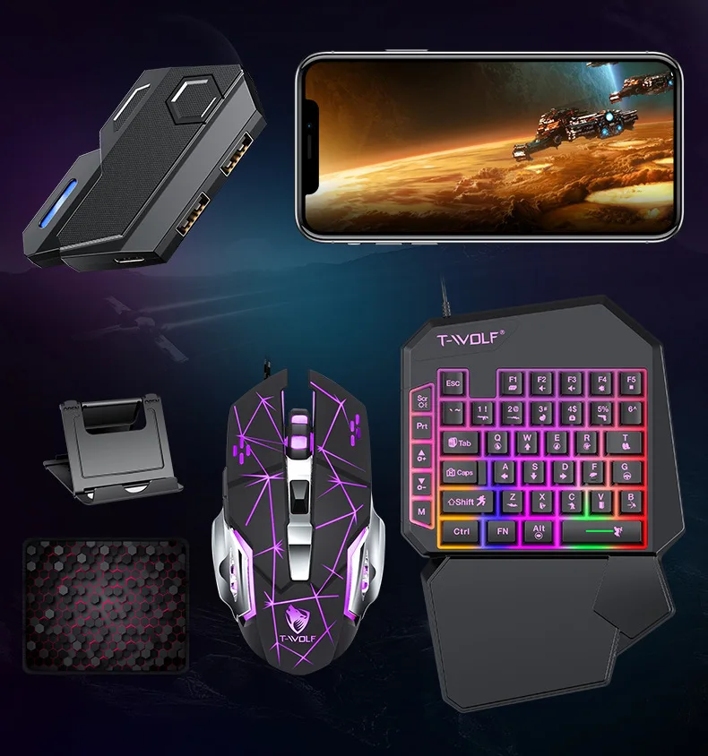 Kit Mobilador Gamer Kit Gaming Keyboard Mouse Mobile Games Converter 5 In 1 Combo One Hand Keyboard Converter Mobile Games TF900