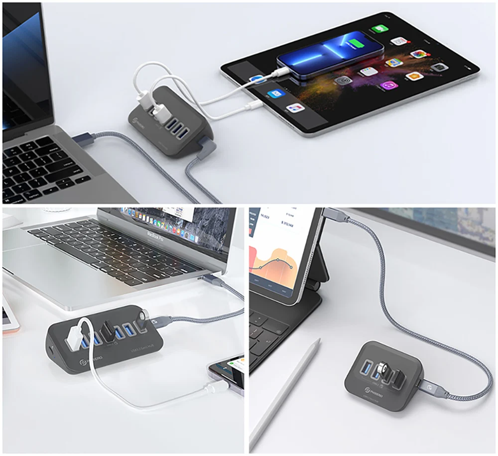 PHIXERO USB Splitter USB 3.2 Hub 5Gbps Type C Adapter Multi Ports USB 3.0 Docking Station Hub for Surface Macbook Laptop PC Hub