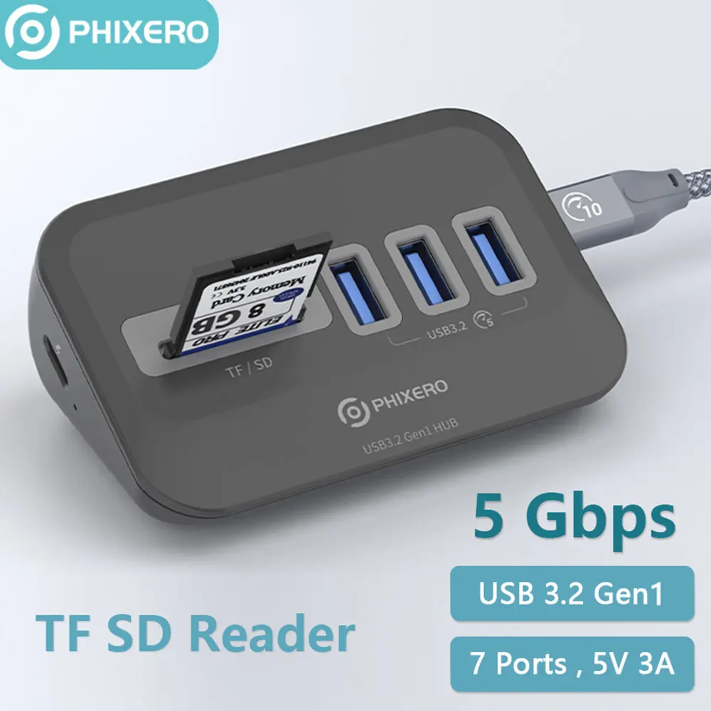 PHIXERO USB Splitter USB 3.2 Hub 5Gbps Type C Adapter Multi Ports USB 3.0 Docking Station Hub for Surface Macbook Laptop PC Hub