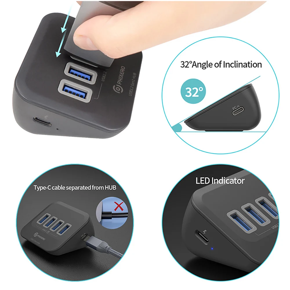 PHIXERO USB Splitter USB 3.2 Hub 5Gbps Type C Adapter Multi Ports USB 3.0 Docking Station Hub for Surface Macbook Laptop PC Hub