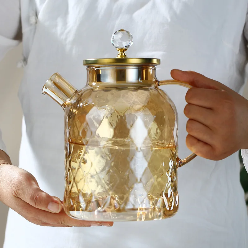 Glass Tea Kettle With Bamboo Lid And Removable Filter Spout Champagne Teapot For Loose Leaf Blooming Tea And Fruit Tea 1/1.8L