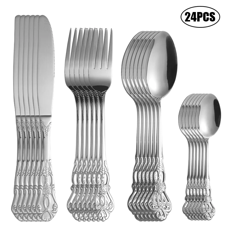 4/6/16/24pcs Stainless steel silver knife, fork and spoon tableware set Royal high-end tableware Suitable for family hotel party