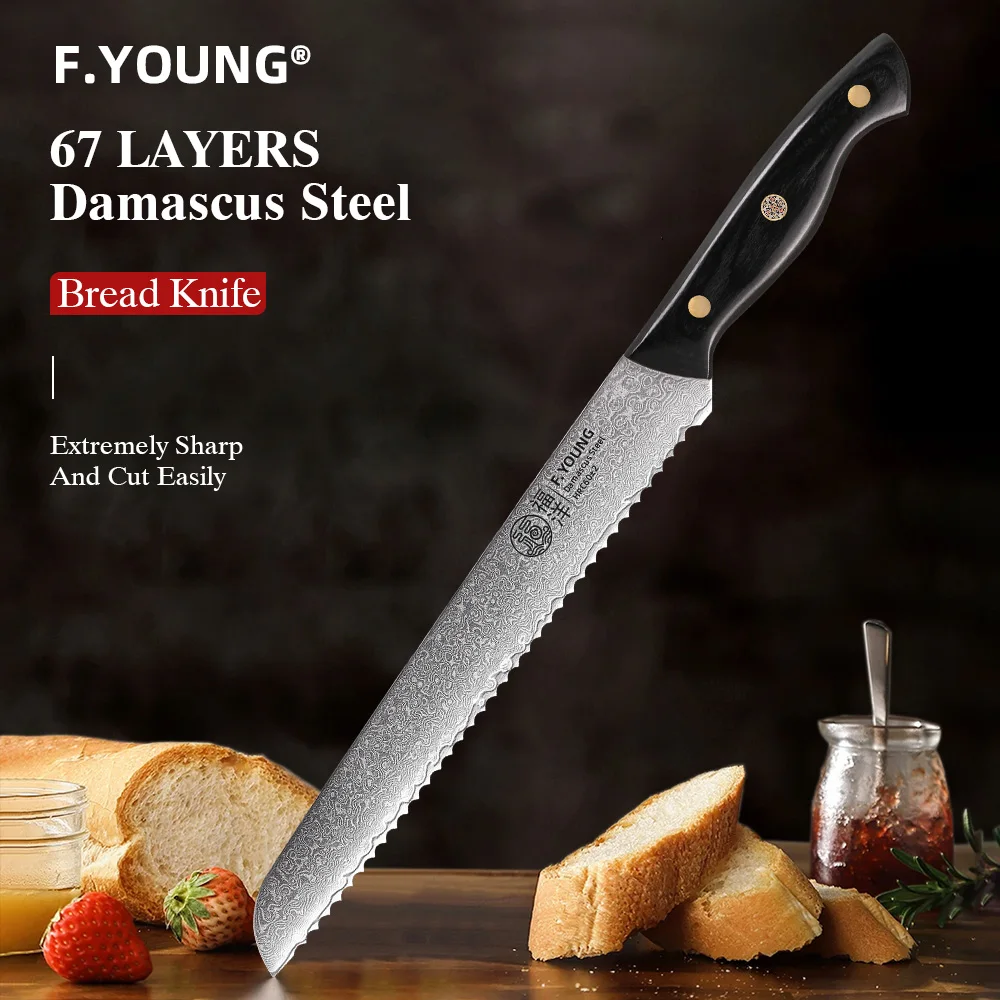F.YOUNG 9" Professional Bread Knife 67 Layer Damascus Steel Kitchen Chef Knives Serrated Cut Ice Cheese Cake Knife Kitchen tools