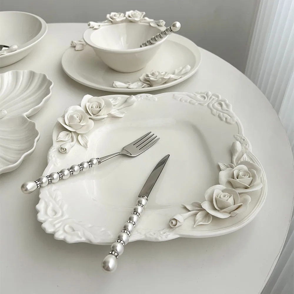 European Relief Hand Held Flower Bowl, Plate, Cup And Tableware Set For Home Afternoon Tea, Exquisite Ceramic Display Plate