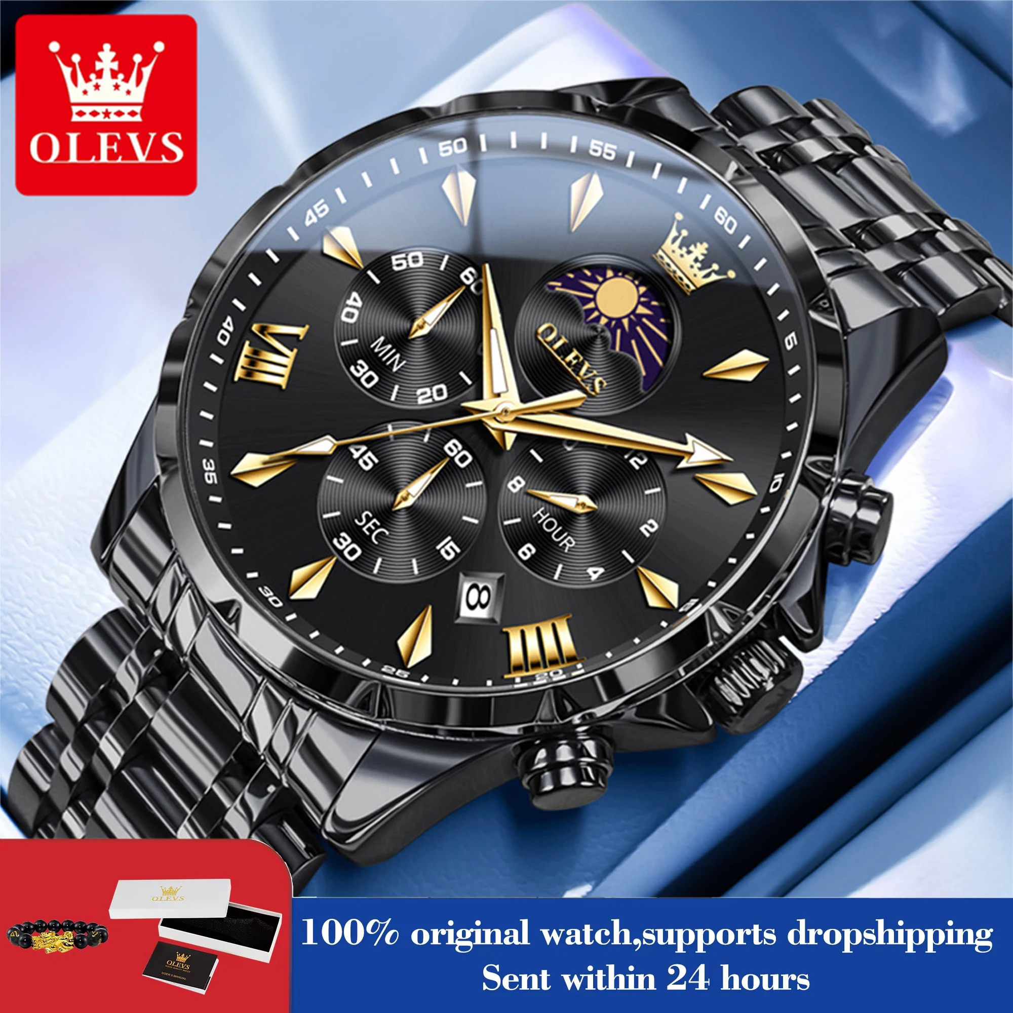 OLEVS 3653 Watch For Men Original Chronograph Quartz Male Hand Clock Steel Strap Moon Phase Date Waterproof Top Brand Man Watch